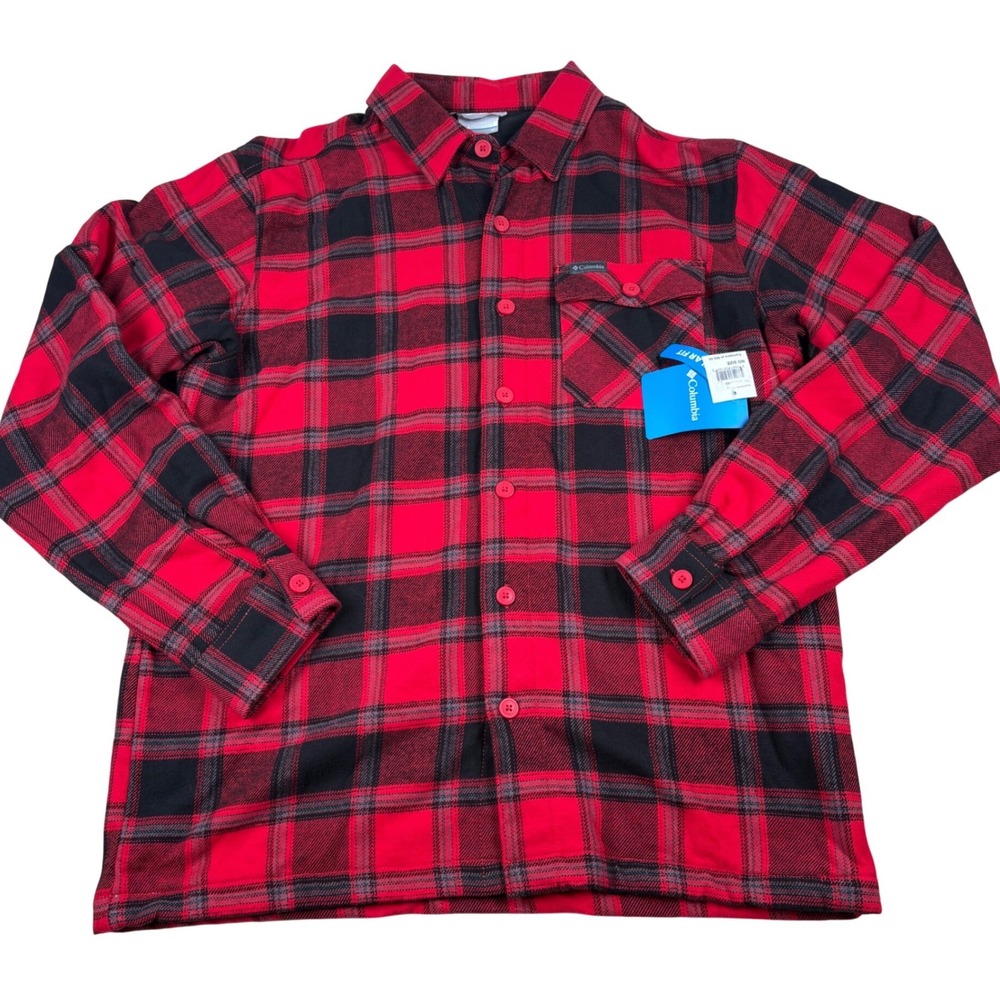 Columbia Hill View Shirt Jacket Flannel Mens M Red Black Plaid Fleece Lined NEW